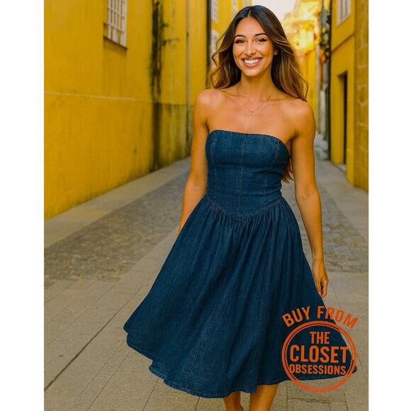 ZARA Blogger Fave Strapless Blue Midi Dress NWT - Picture 4 of 16